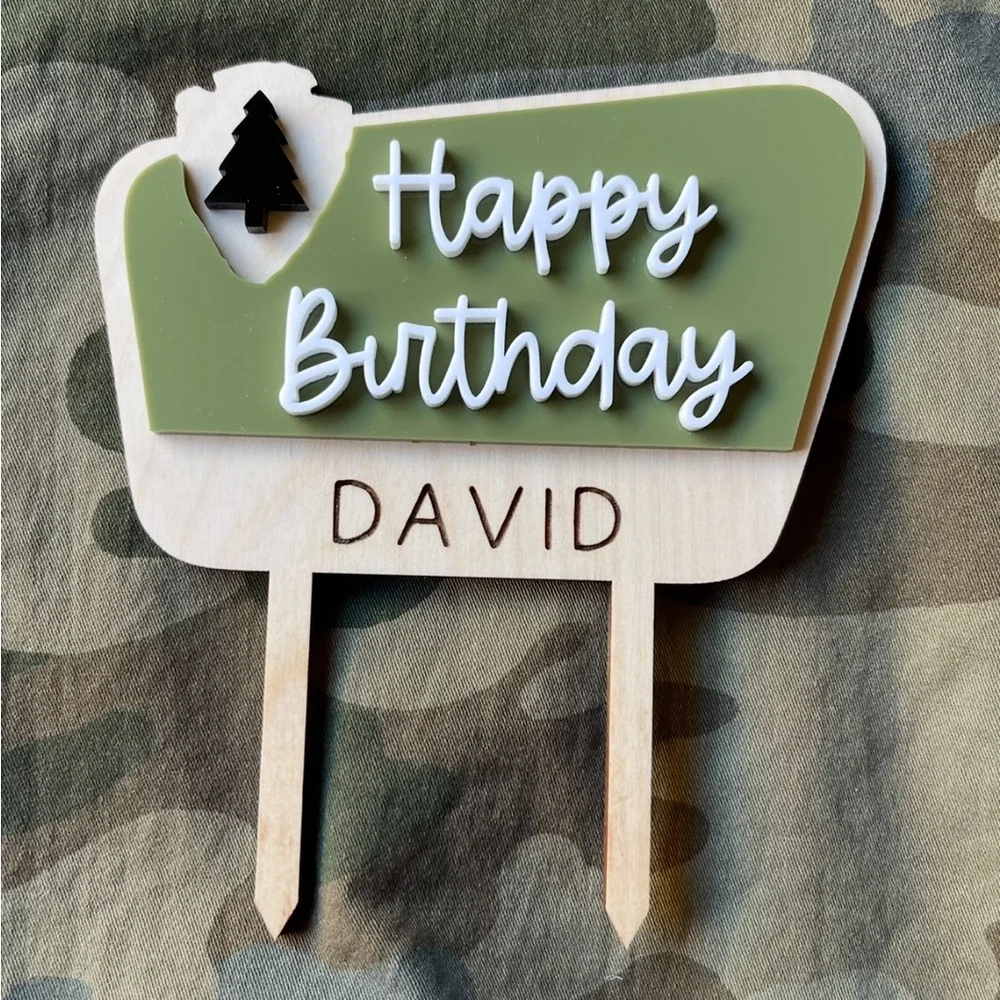 Green and White Happy Birthday David Cake Topper National Forest Style
